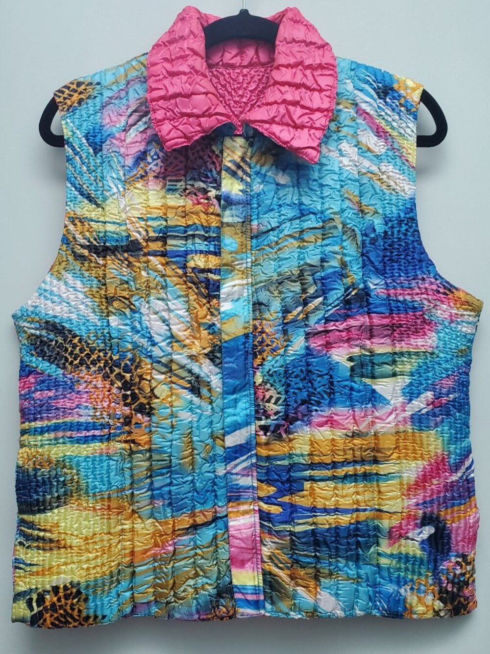 The Magic Scarf Co. Quilted Reversible Vest Abstract Pink Blue Coral Size S-L